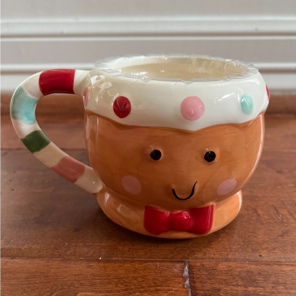 Gingerbread Man Ceramic Christmas Coffee Mug Red Bow Tie Polka Dots Stripes NEW